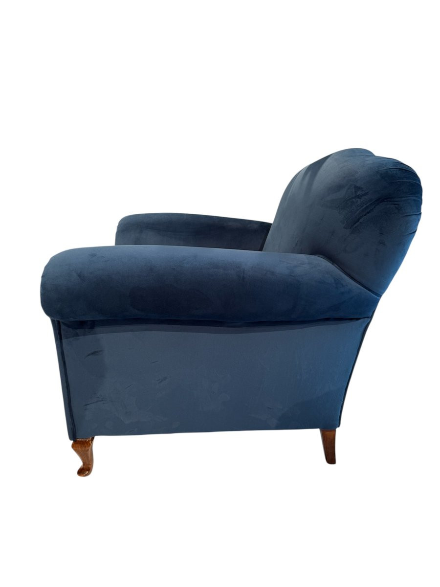 Paire de fauteuils avec pouf assorti en velours bleu changeant-photo-3