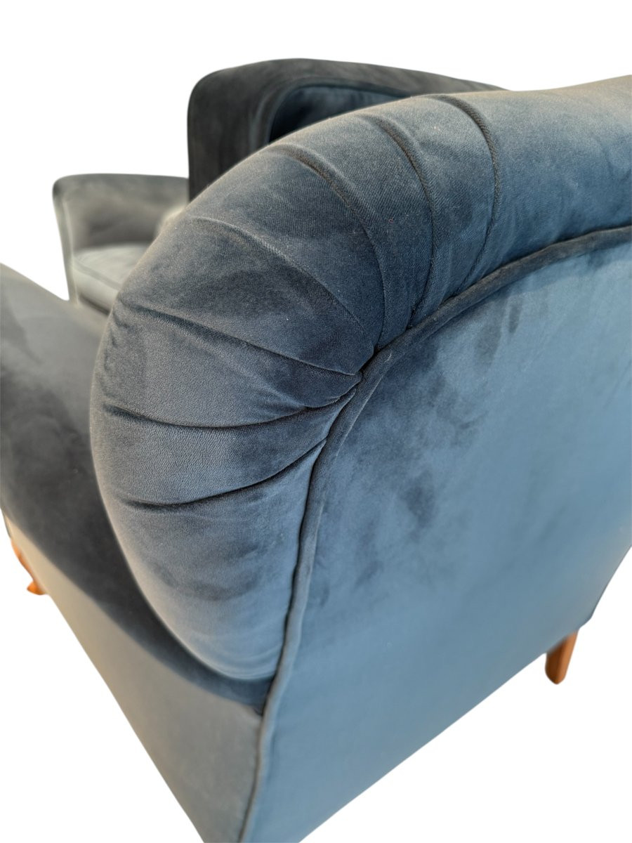 Paire de fauteuils avec pouf assorti en velours bleu changeant-photo-4