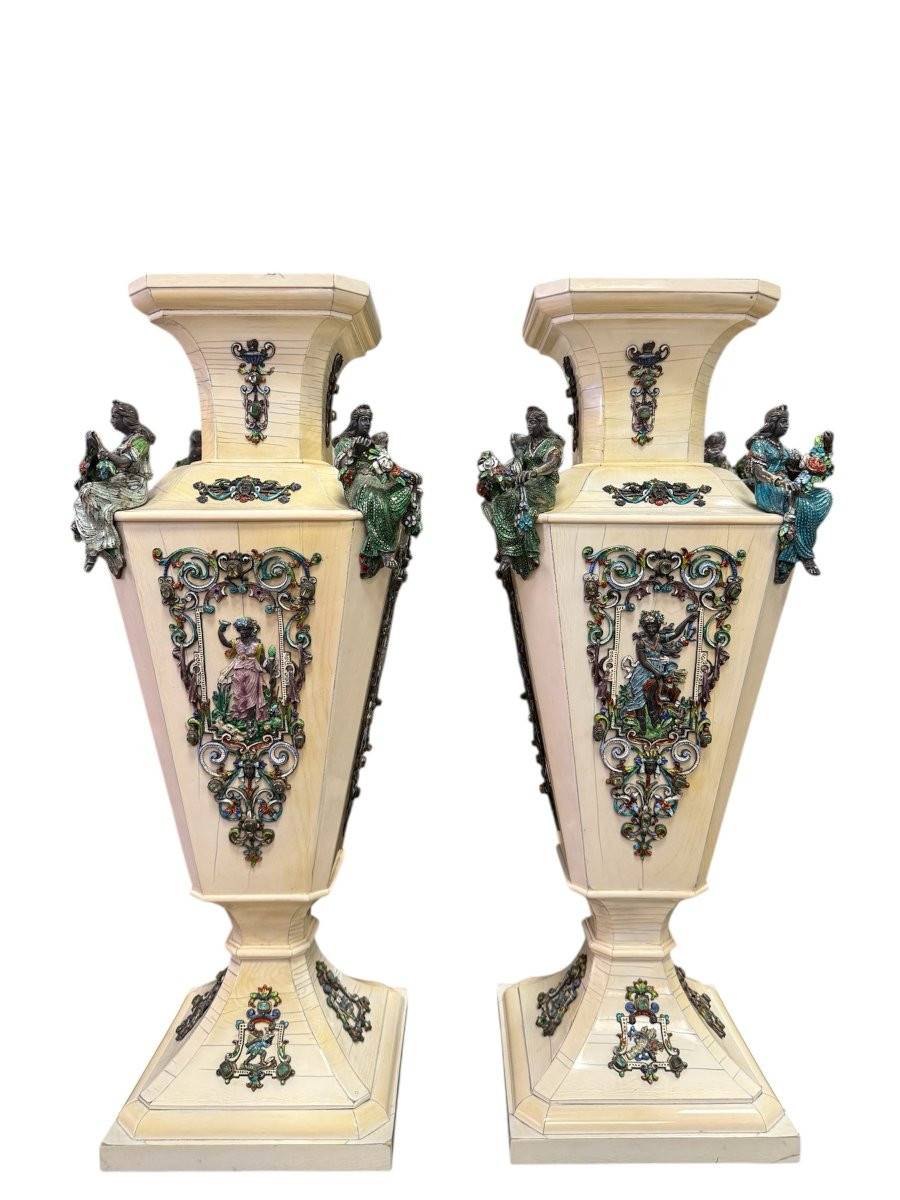 Pair Of Ivory And Polychrome Enamel Vases, Vienna, 19th Century-photo-2