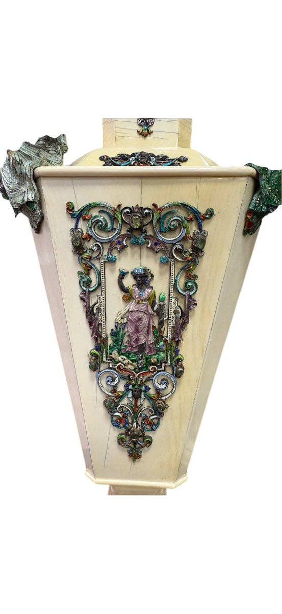 Pair Of Ivory And Polychrome Enamel Vases, Vienna, 19th Century-photo-1
