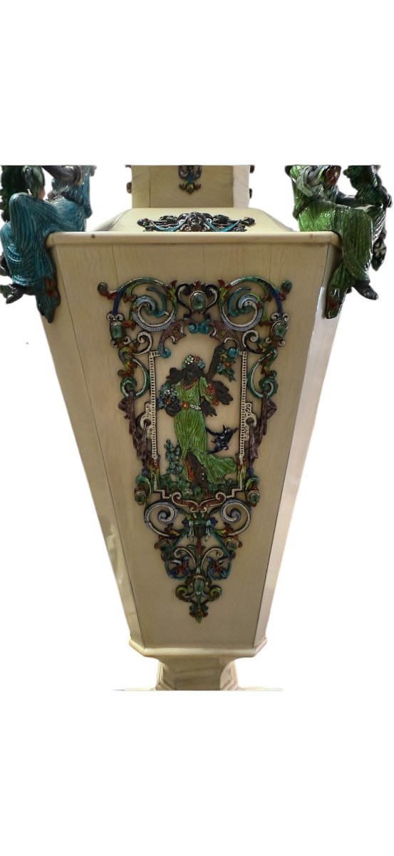 Pair Of Ivory And Polychrome Enamel Vases, Vienna, 19th Century-photo-4