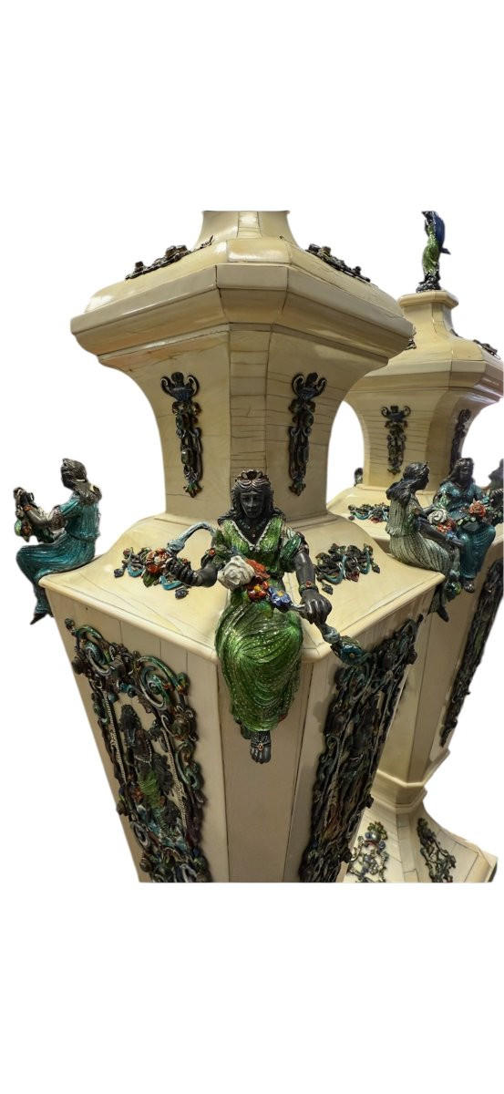 Pair Of Ivory And Polychrome Enamel Vases, Vienna, 19th Century-photo-5