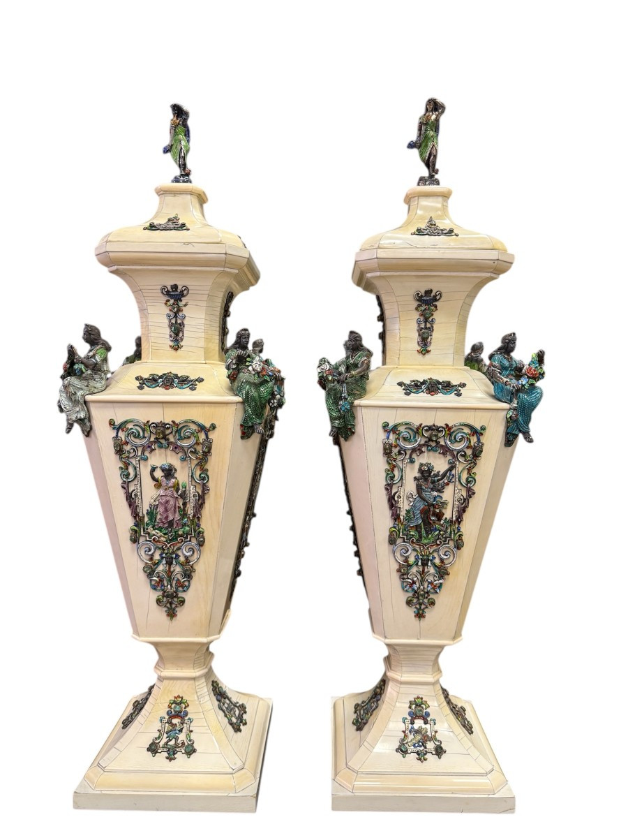 Pair Of Ivory And Polychrome Enamel Vases, Vienna, 19th Century