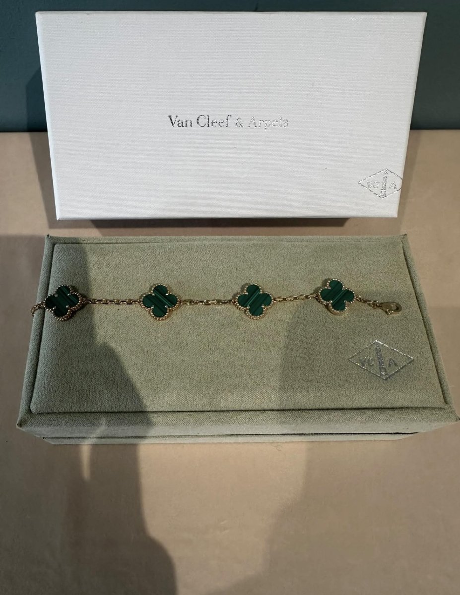 Bracelet Van Cleef & Arpels Vintage Alhambra 5 Motifs en Or Jaune 18 Carats et Malachite -photo-2