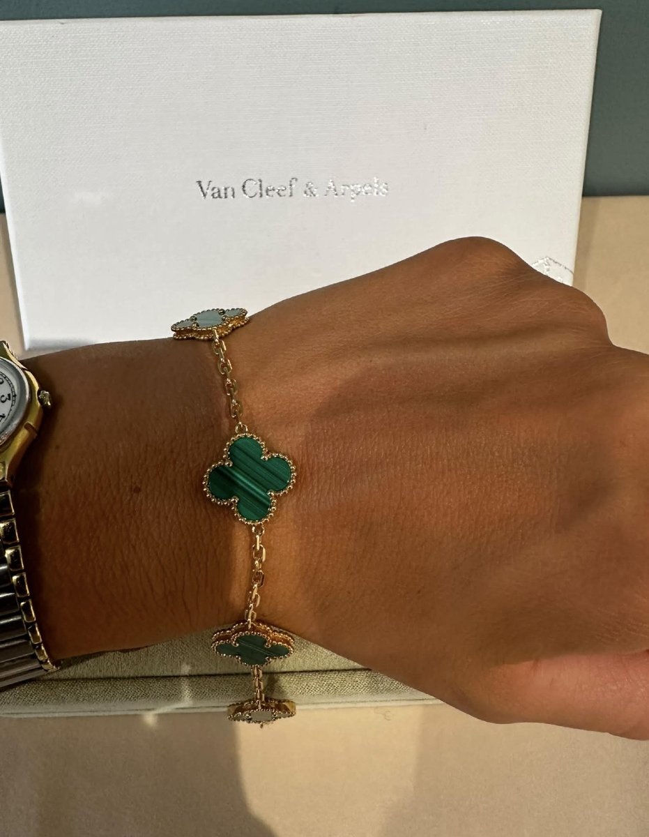 Bracelet Van Cleef & Arpels Vintage Alhambra 5 Motifs en Or Jaune 18 Carats et Malachite -photo-4