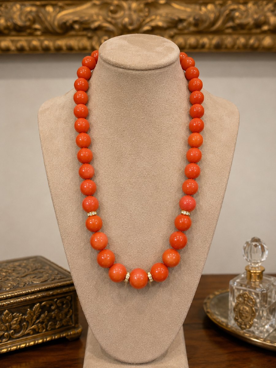 Rare Necklace Made Of Mediterranean Coral From Sardinia With An 18-karat Gold Clasp And Gold Accents