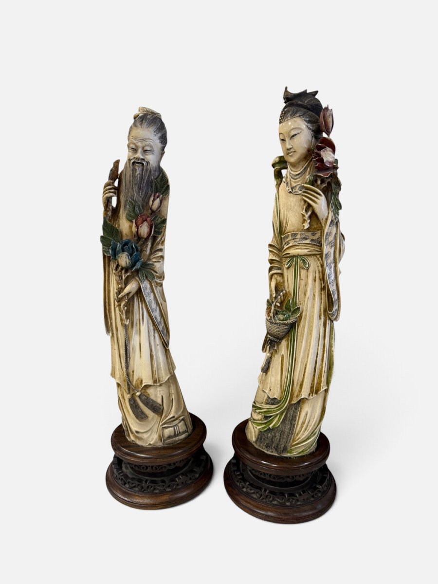 Importante paire de sculptures chinoises en ivoire polychrome-photo-2