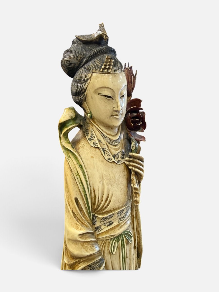 Importante paire de sculptures chinoises en ivoire polychrome-photo-3