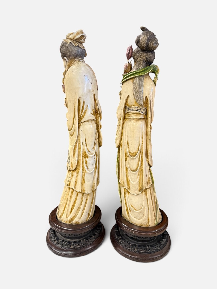 Importante paire de sculptures chinoises en ivoire polychrome-photo-2