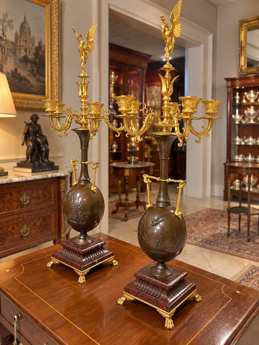 Importante paire de vases-candélabres en bronze signés Ferdinand Barbedienne et Henry Cahieux