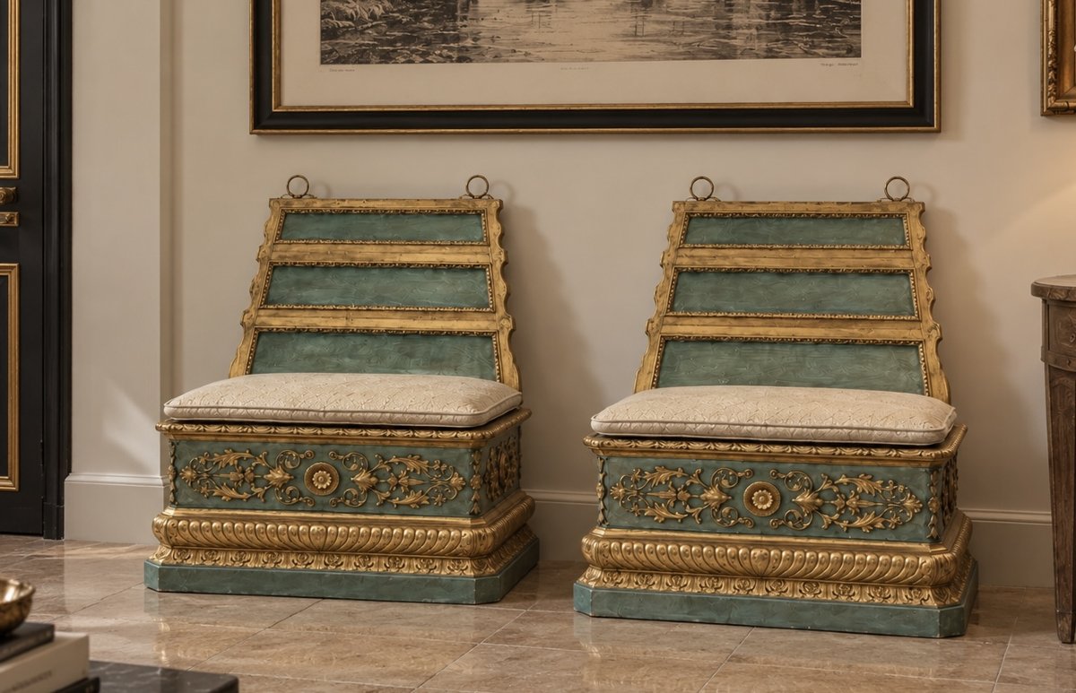 Paire de banquettes vénitiennes en bois sculpté, laqué vert et doré – Venise, XVIIIe siècle