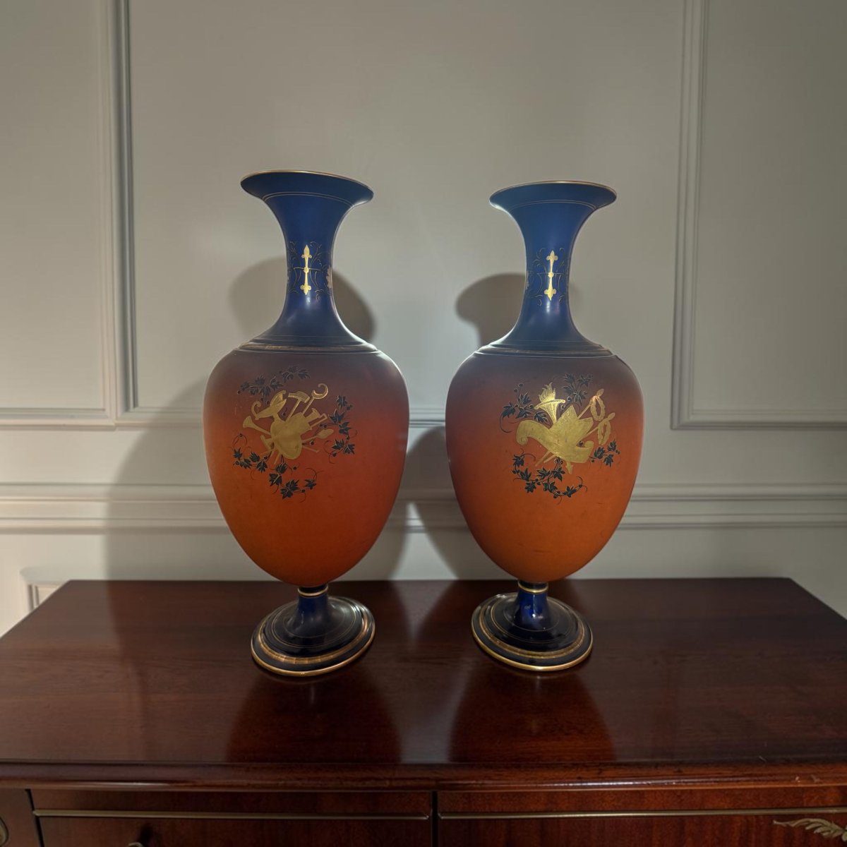 Pair Of Large French Neoclassical Vases In Polychrome And Gilded Porcelain – France-photo-3