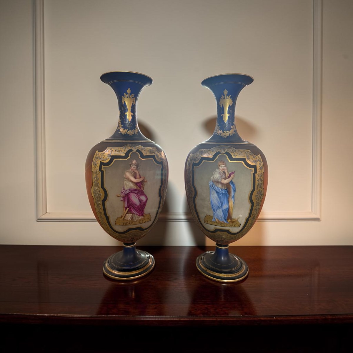 Pair Of Large French Neoclassical Vases In Polychrome And Gilded Porcelain – France