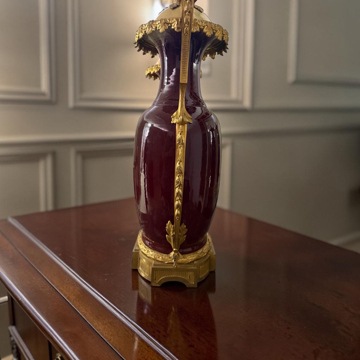 Paire de vases français en porcelaine sang-de-bœuf et bronze doré -photo-1