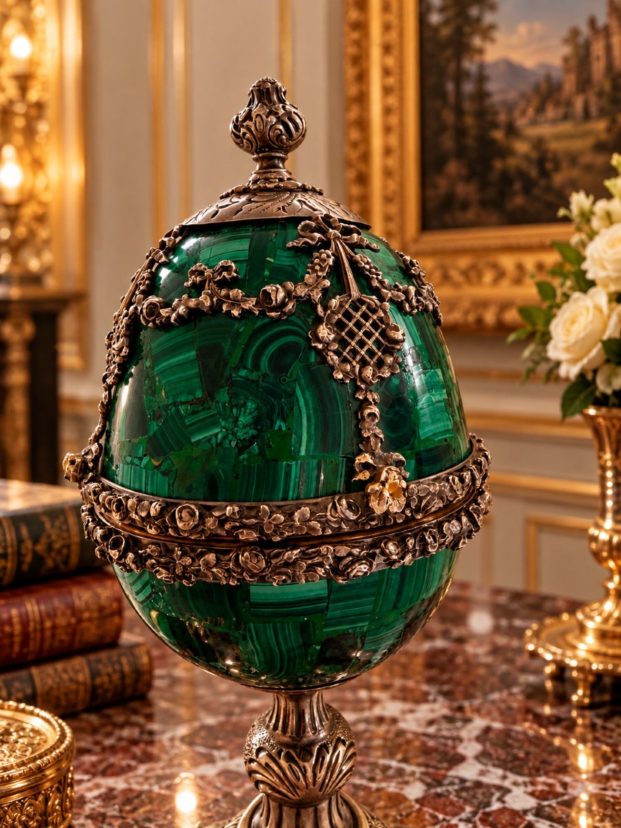 Egg Made Of Malachite, Silver, And Gold-plated Silver With A Napoleonic Seal, France-photo-3