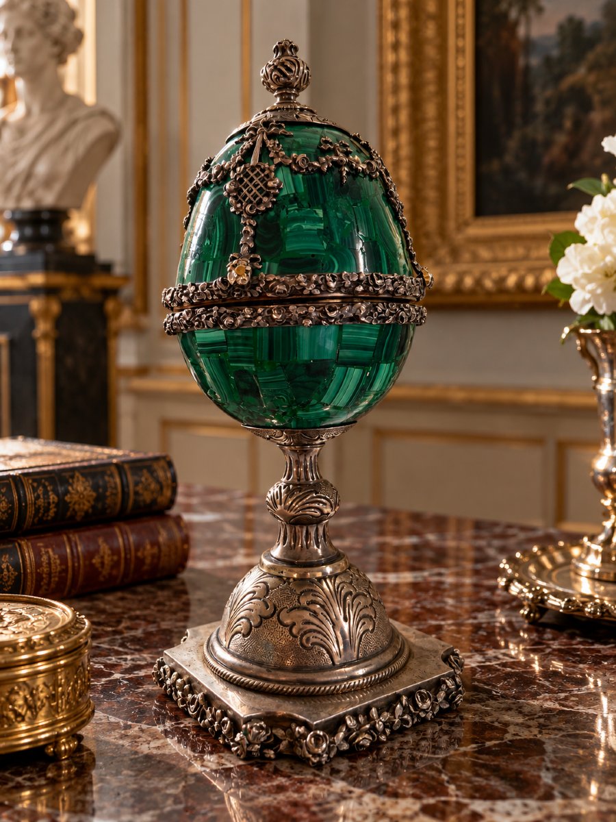 Egg Made Of Malachite, Silver, And Gold-plated Silver With A Napoleonic Seal, France-photo-4