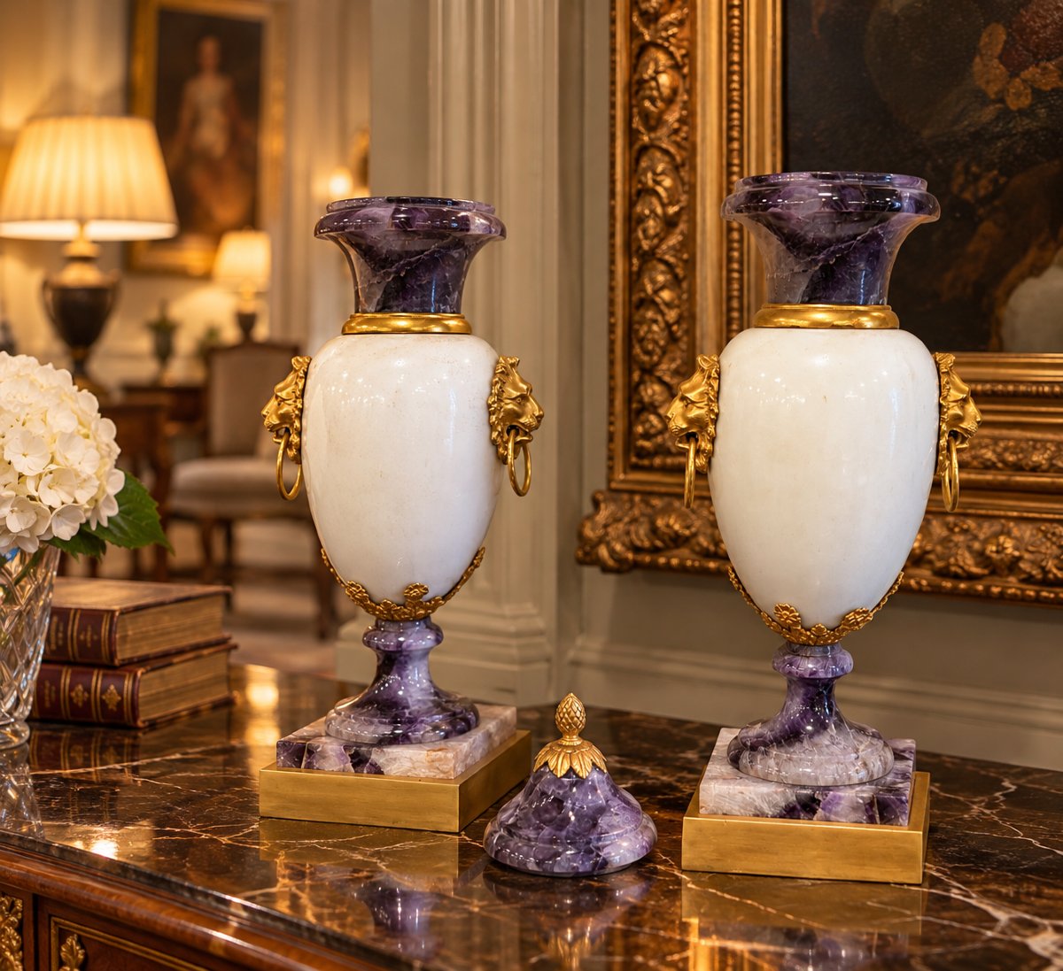 Paire de vases en marbre blanc statuaire, Blue John et bronze doré – France, époque Napoléon II-photo-3