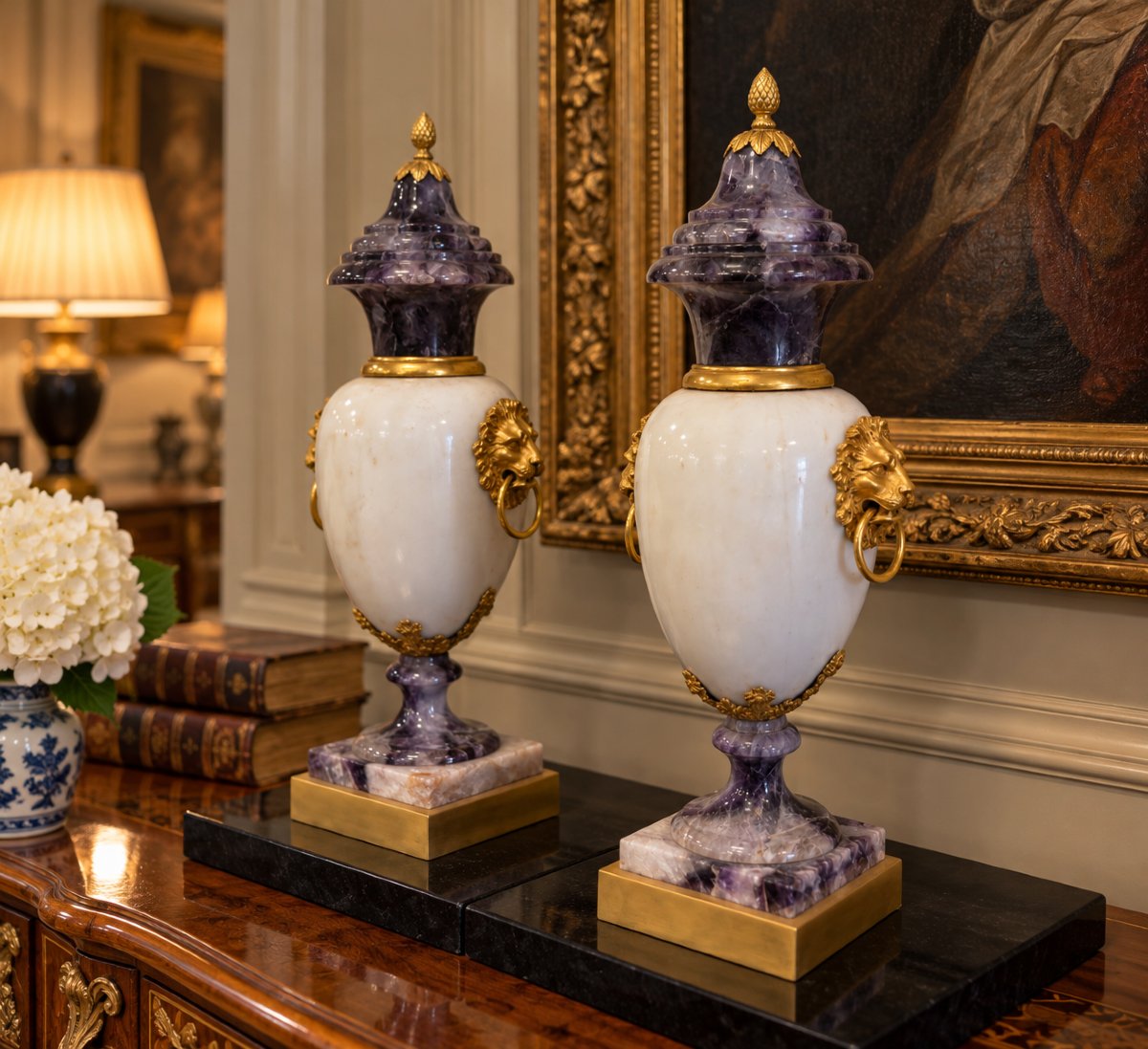 Paire de vases en marbre blanc statuaire, Blue John et bronze doré – France, époque Napoléon II