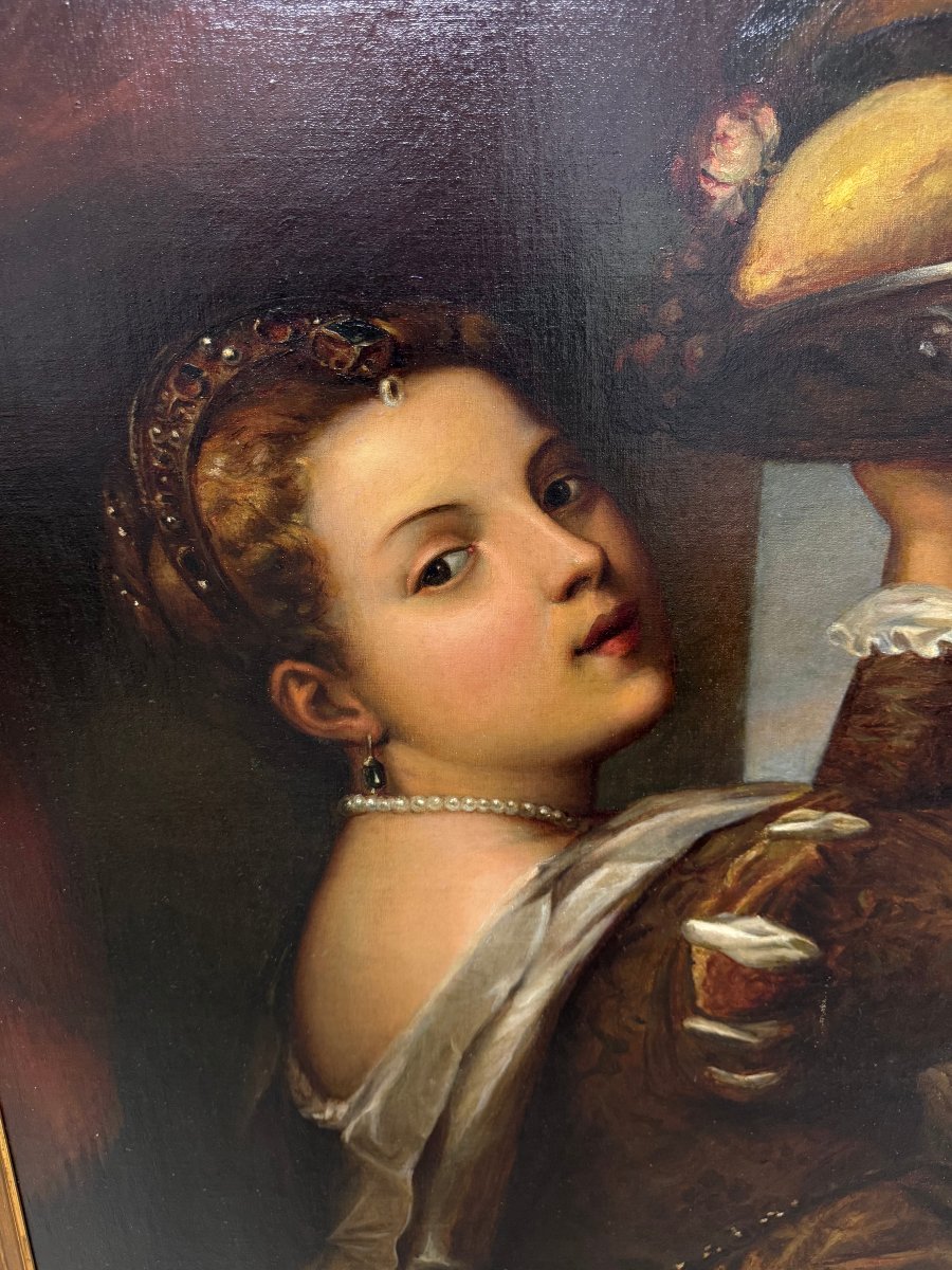 By Tiziano Vecellio (1488/1490–1576) – Girl With A Tray Of Fruit – Oil On Canvas, 19th Century-photo-3
