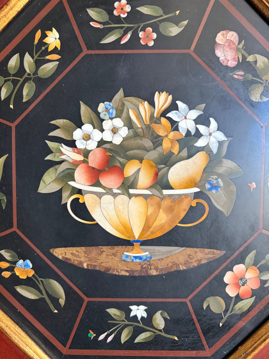 Panneau octogonal florentin en marqueterie de pierres dures-photo-4