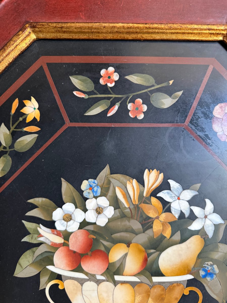 Panneau octogonal florentin en marqueterie de pierres dures-photo-2