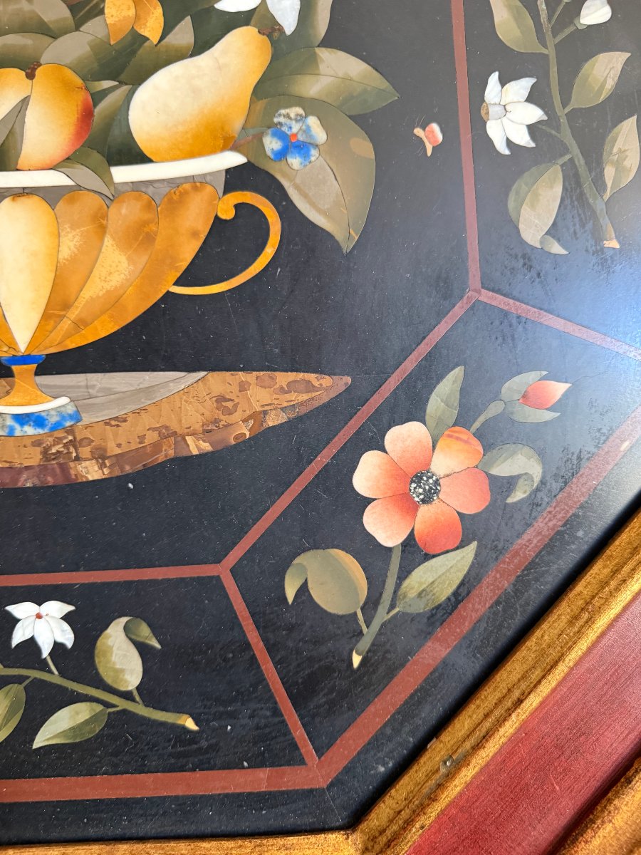 Panneau octogonal florentin en marqueterie de pierres dures-photo-4