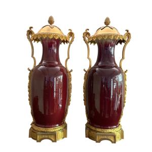 Paire de vases français en porcelaine “sang-de-bœuf” à montures en bronze doré, XIXe siècle