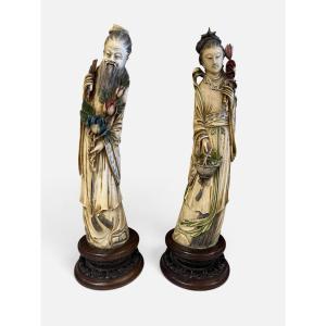 Importante paire de sculptures chinoises en ivoire polychrome