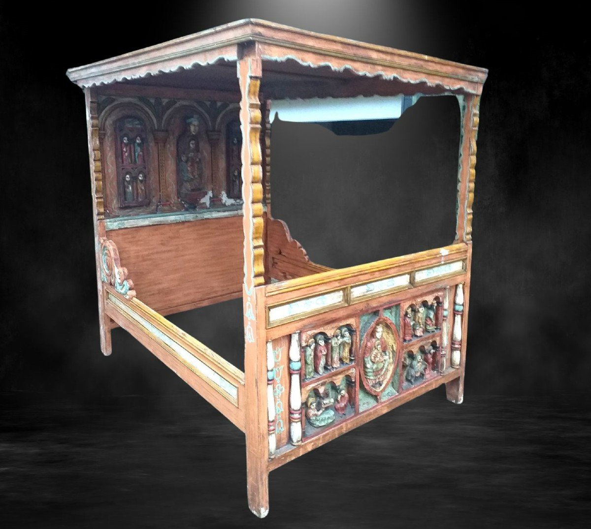 Canopy Bed With Christian Characters In Polychrome 1930 