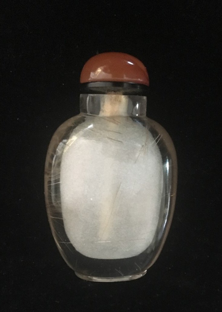 Tabatière EN QUARTZ A CHEVEUX à inclusions de rutile dorées. Bouchon cornaline. Objet de collection CHINE dyn. Ching. Snuff bottle Asie-photo-3