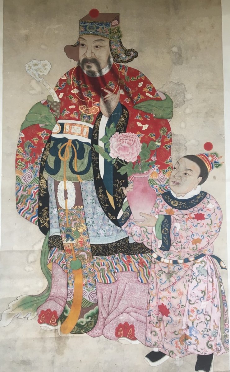 Taoist God Lu XIng And His Assistant, Vertical Roll, Polychrome Painting, Gilding, China. Asia-photo-5