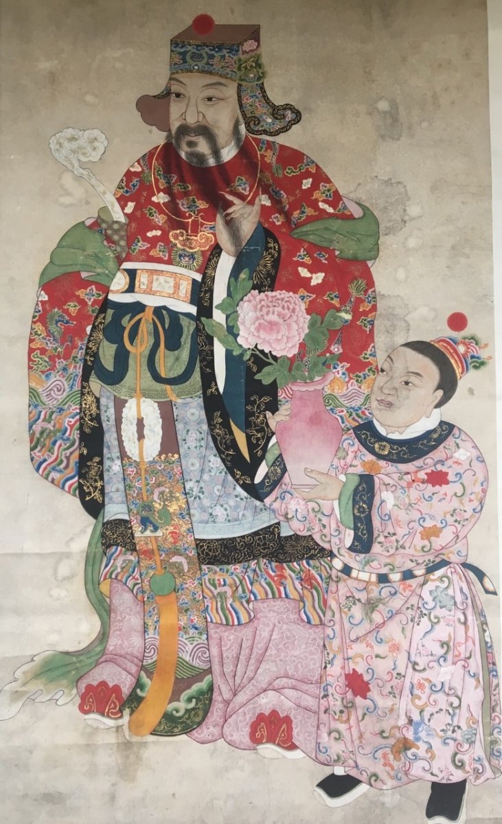 Taoist God Lu XIng And His Assistant, Vertical Roll, Polychrome Painting, Gilding, China. Asia