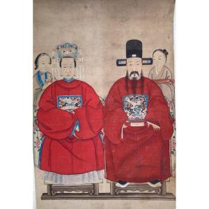 Portrait Of Ancestor Couple And Assistants. Vertical Roller Paint. China, Ching Dynasty Qing
