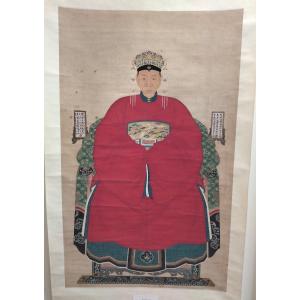 Portrait d'Ancêtre Femme de Mandarin civil. Peinture en rouleau vertical. Chine, Dynastie Ching