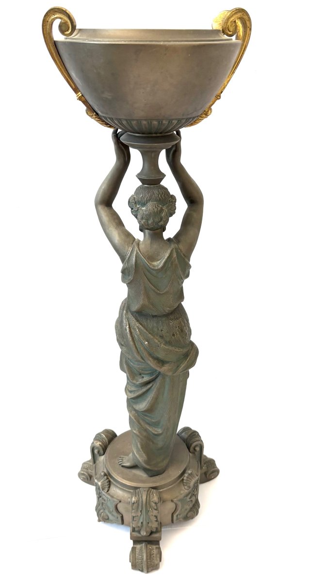 Large Antique Candlestick With A Figure, Featuring A Magnificent Base
