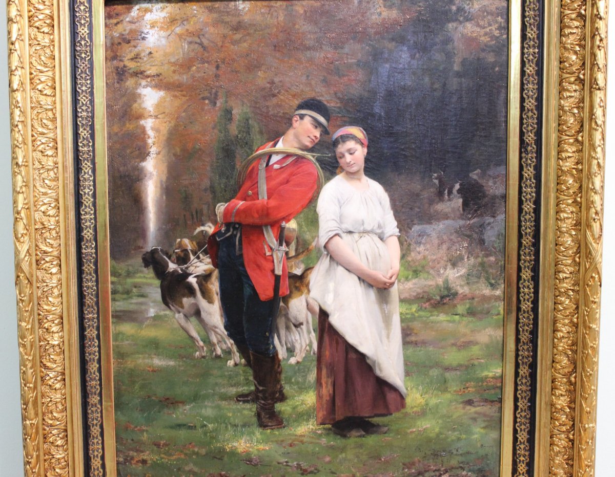 Schneider Louis Amable, 1824-1884 Peinture à L'Huile Française Signée De Chasseur Avec Une Fille Et Des Chiens-photo-2