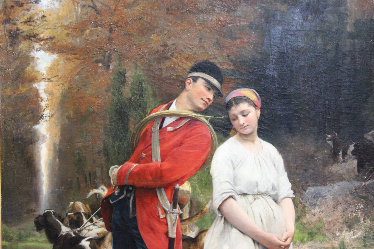 Schneider Louis Amable, 1824-1884 Peinture à L'Huile Française Signée De Chasseur Avec Une Fille Et Des Chiens-photo-3