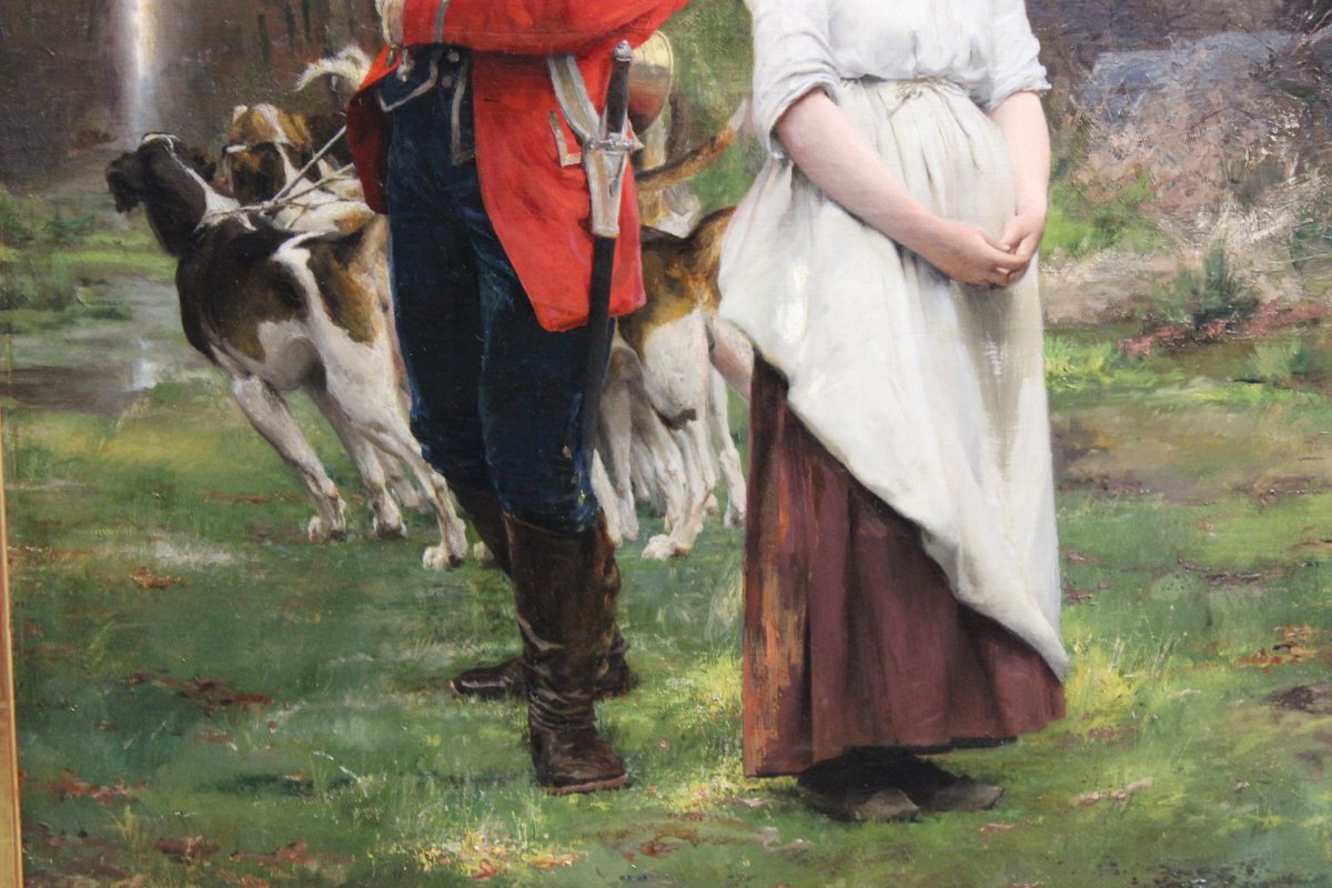 Schneider Louis Amable, 1824-1884 French Signed Oil Painting Of Hunter With Girl And Dogs-photo-1