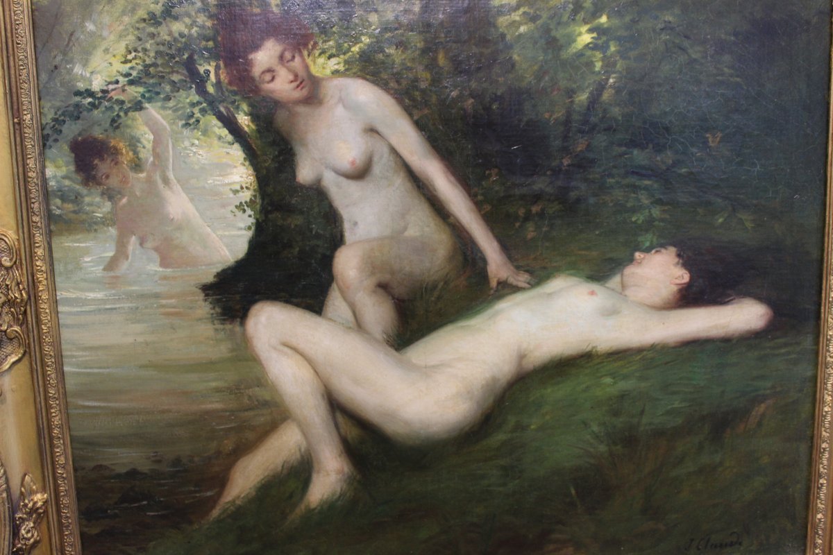 Jean Maxime Claude 1824-1904 French Oil Painting Of Bathing Nymphs Signed-photo-3