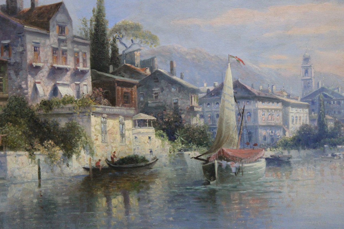  Karl Kaufmann (1843-1901 Idyllic Oil Painting Of Lake Garda -photo-2