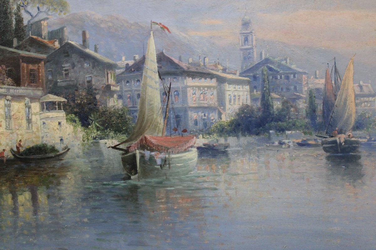  Karl Kaufmann (1843-1901 Idyllic Oil Painting Of Lake Garda -photo-3