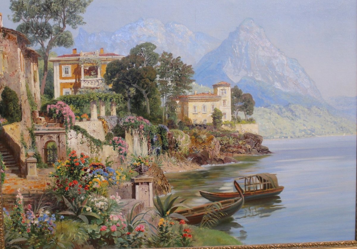 Alois Arnegger Autrichien, 1879–1967 Grande peinture à l'huile Vue de la campagne du lac de Côme restaurée professionnellement.-photo-2