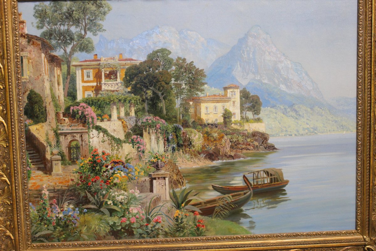 Alois Arnegger Autrichien, 1879–1967 Grande peinture à l'huile Vue de la campagne du lac de Côme restaurée professionnellement.-photo-4