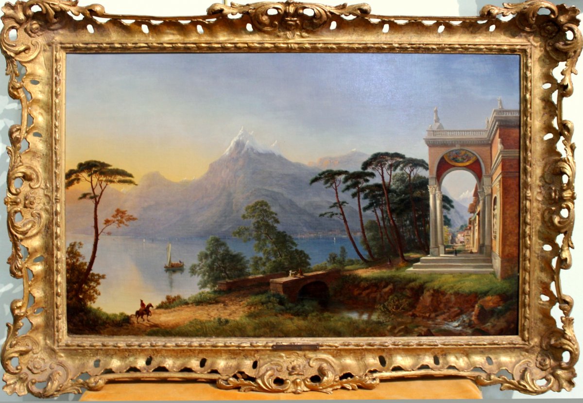 William Henry Pyne, 1769–1843 British Painter, Beautiful Painting Of Lake In Northern Italy.