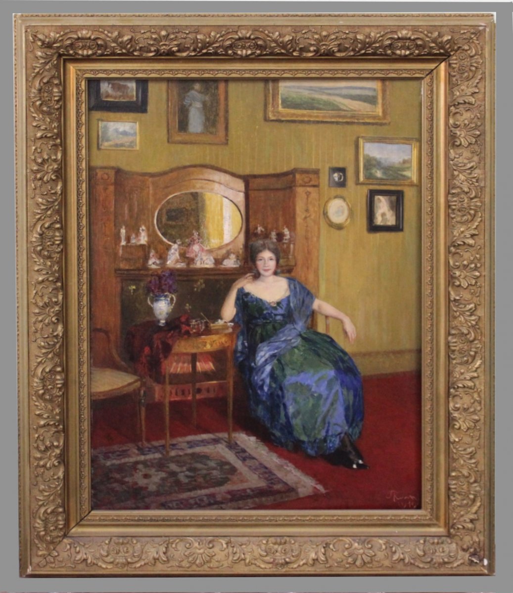 Adolf Reich 1887 - 1963 Austrian Painter Lady In Salon Painting On Mahogany Board