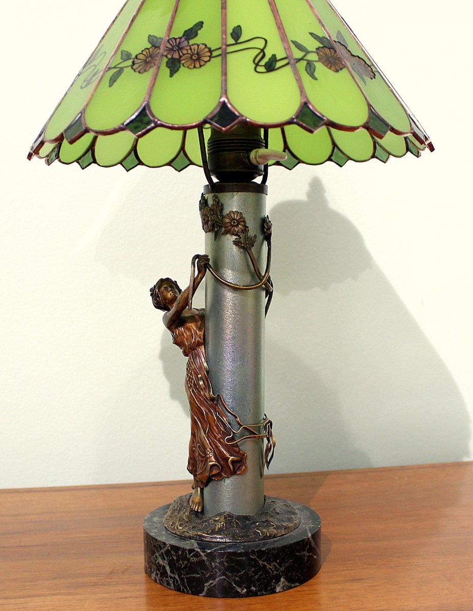 Bergmann Froide Painted Viennois Bronze Lampe Art Nouveau, Hauteur 47 Cm Autriche Signé-photo-1