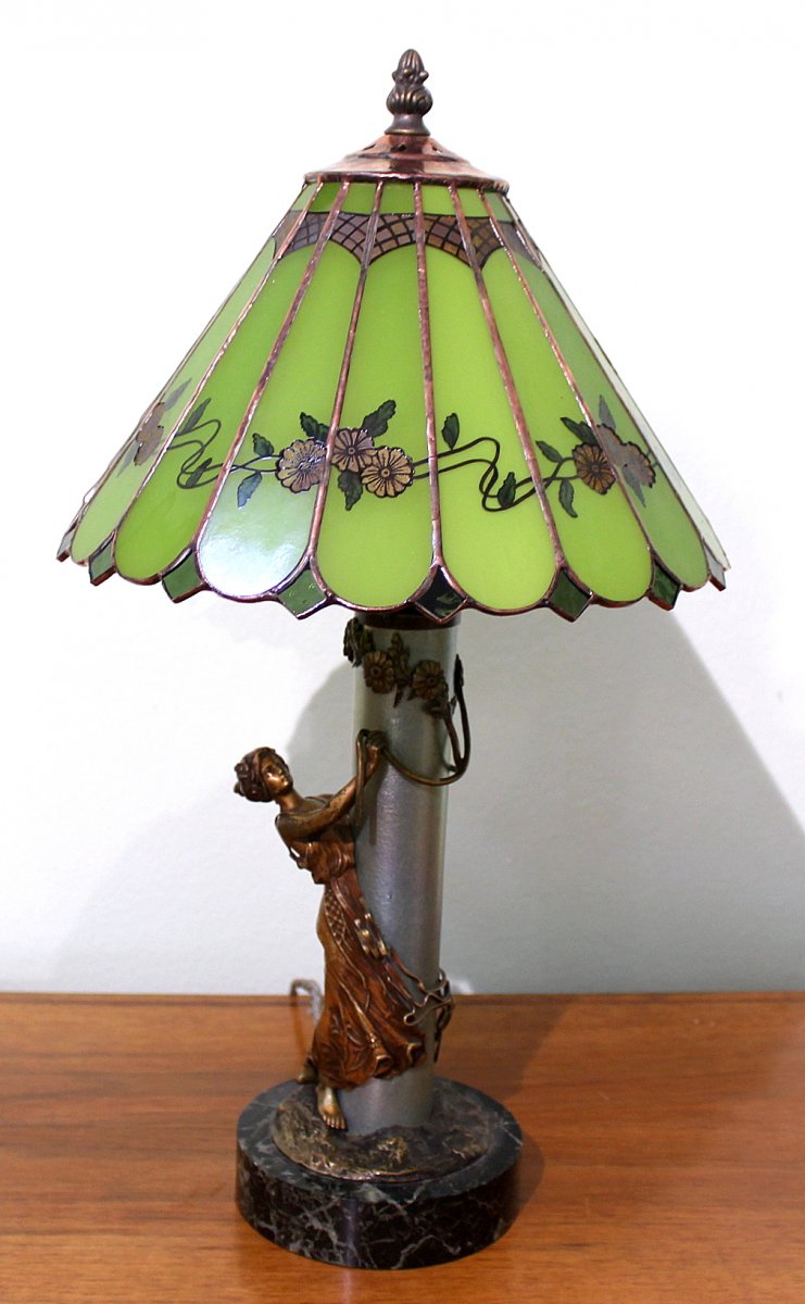 Bergmann Froide Painted Viennois Bronze Lampe Art Nouveau, Hauteur 47 Cm Autriche Signé