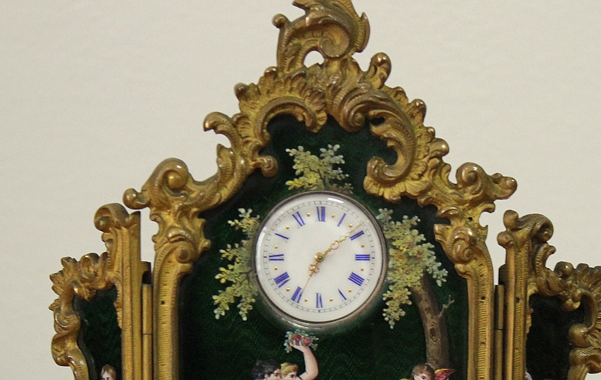 Montre Néo Rococo Viennoise Paravan - Peinture Émail Bronze Doré - Vienne 1860  l'Autrich-photo-3