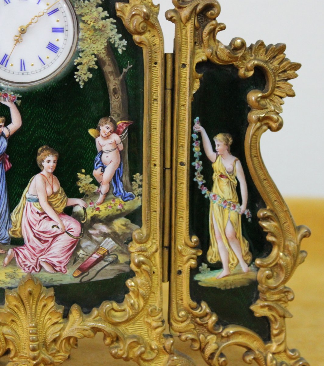 Montre Néo Rococo Viennoise Paravan - Peinture Émail Bronze Doré - Vienne 1860  l'Autrich-photo-4