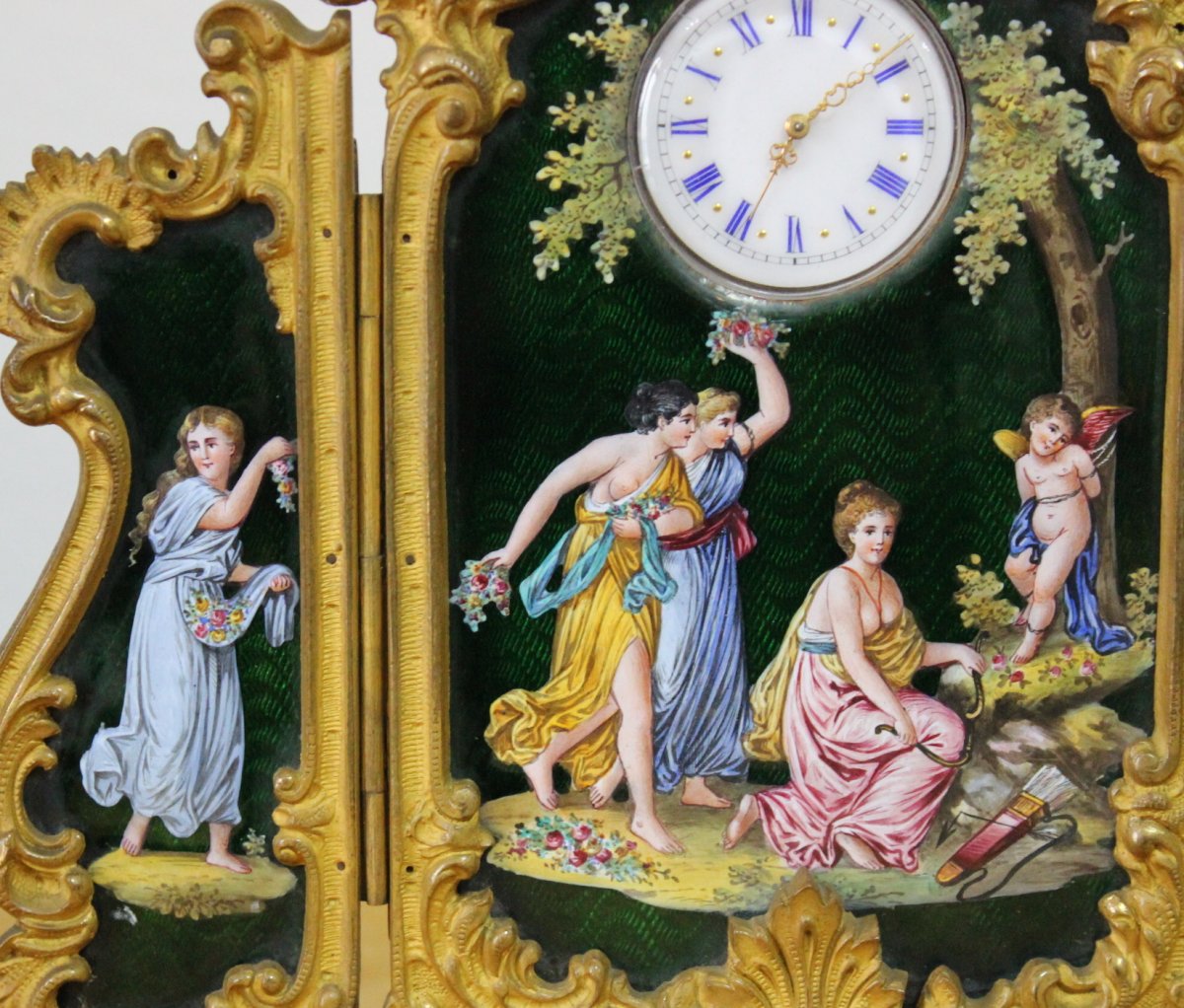 Montre Néo Rococo Viennoise Paravan - Peinture Émail Bronze Doré - Vienne 1860  l'Autrich-photo-1